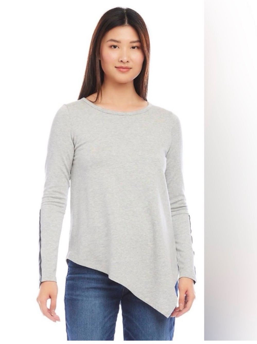 Karen Kane Vegan Leather Trim Long-Sleeve Asymmetrical Heather Gray Crew Neck